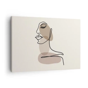Quadro em tela - Rosto de mulher minimalista com manchas abstratas - 70x50cm - Ouvindo-se a si própria - Decoração de parede moderna para a sala de estar e quarto ARTTOR