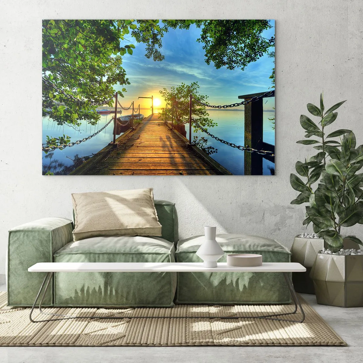 Quadro em vidro - Um píer com vista para o pôr do sol sobre o lago - 70x50cm - Oeste sobre a água - Decoração de parede moderna para a sala de estar e quarto ARTTOR