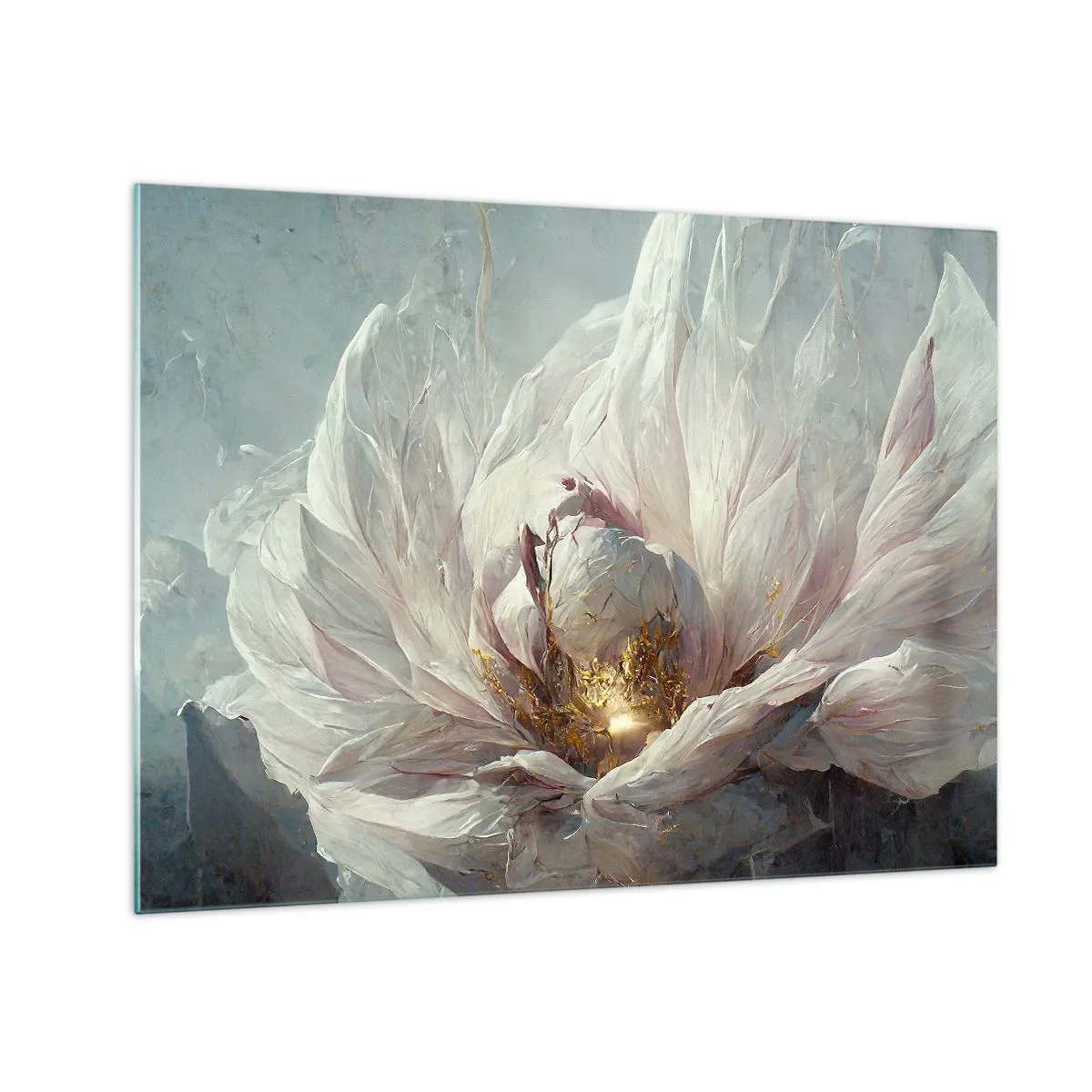 Quadro em vidro - Uma flor desabrochando em delicados tons de cinza e dourado - 70x50cm - Floresce uma vez a cada cem anos - Decoração de parede moderna para a sala de estar e quarto ARTTOR