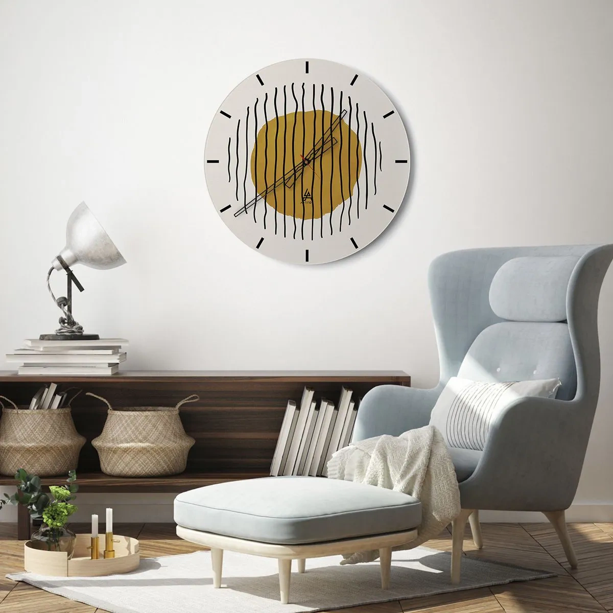 Relógio de parede - Relógio em vidro - Um círculo amarelo-alaranjado cercado por linhas pretas onduladas - 30x30cm - Abstração a tremer com o calor - Decoração de parede moderna para a sala de estar, cozinha e quarto ARTTOR