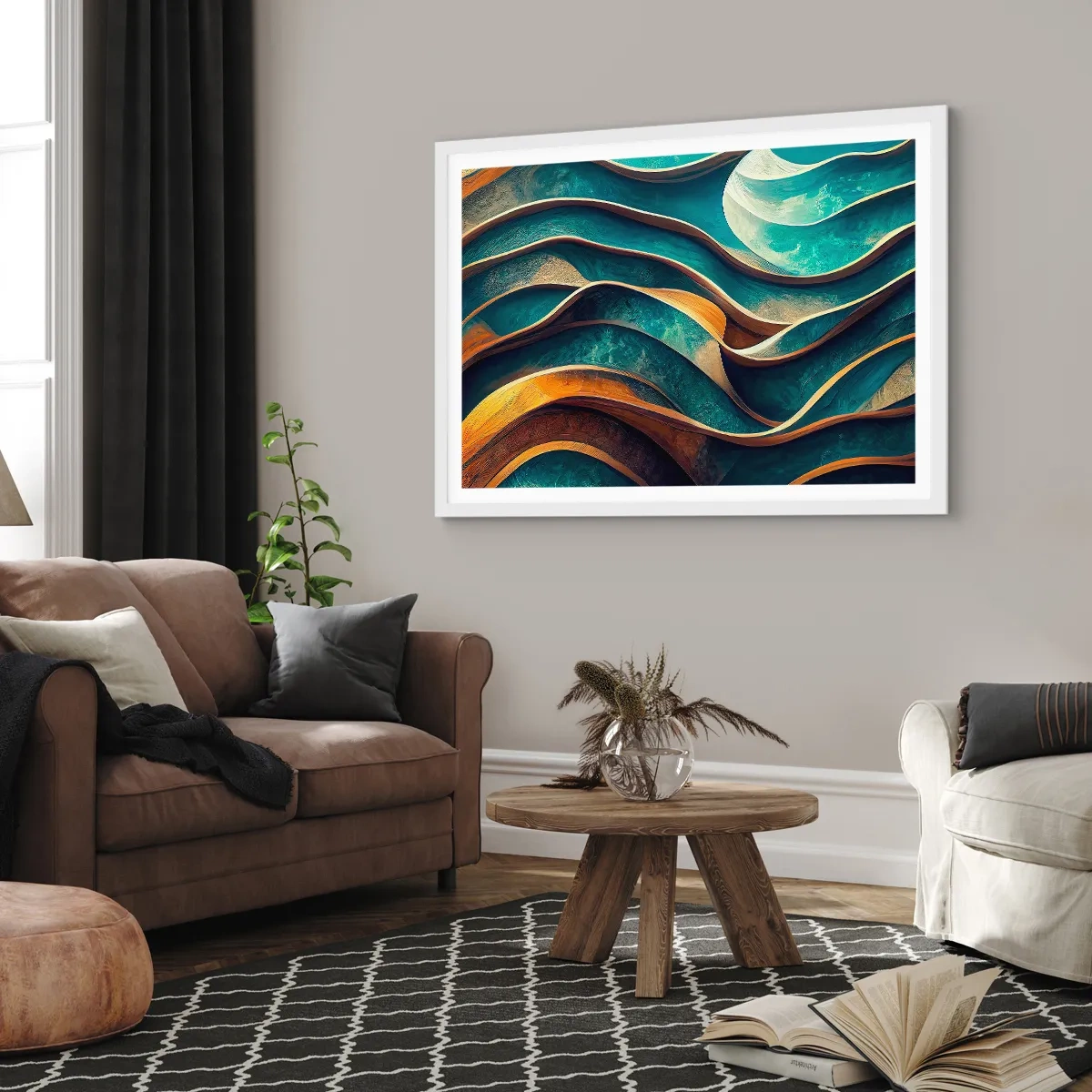 Pôster em moldura branca - Meandros de azul - 91x61 cm