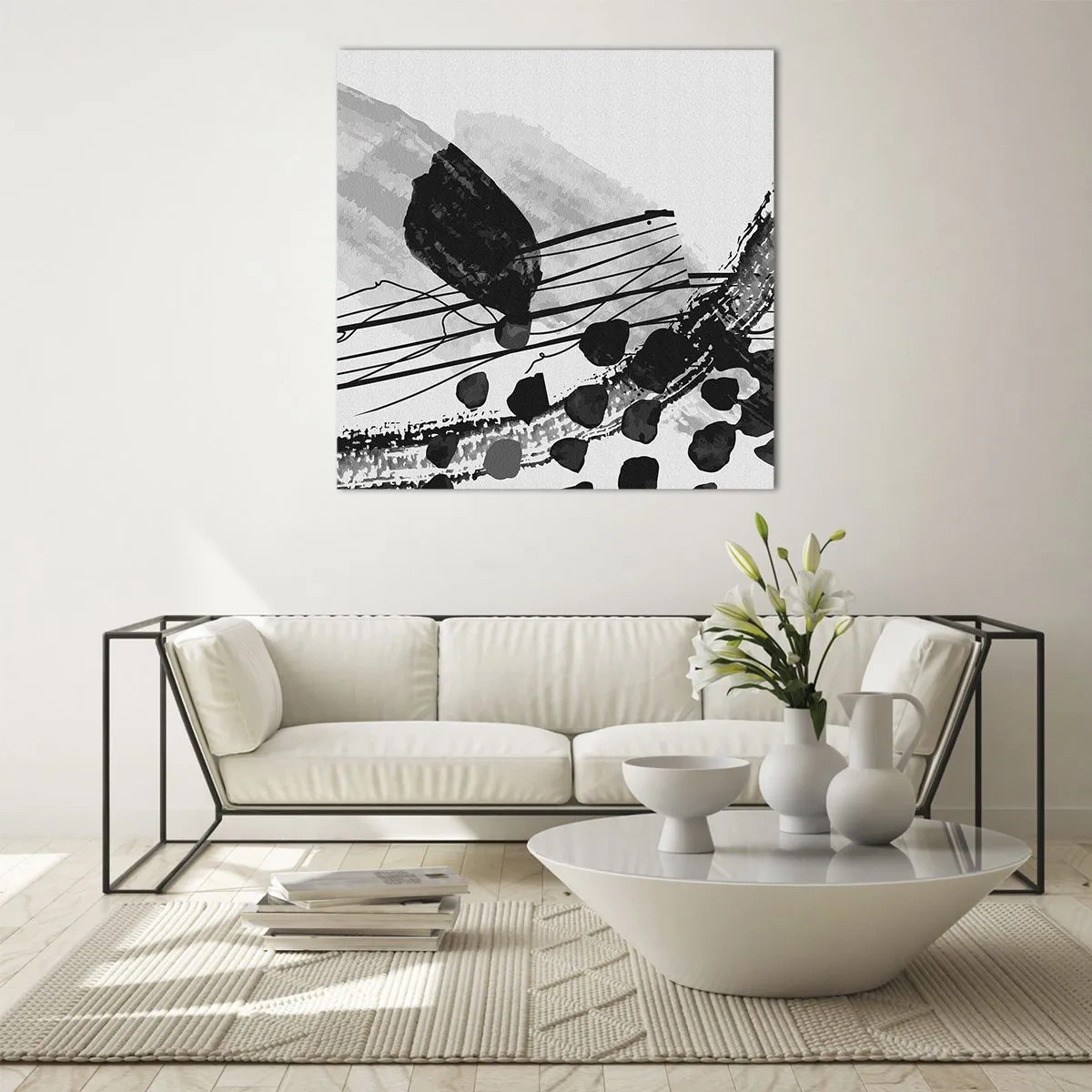 Quadro em vidro - Abstração orgánica em preto e branco - 40x40 cm