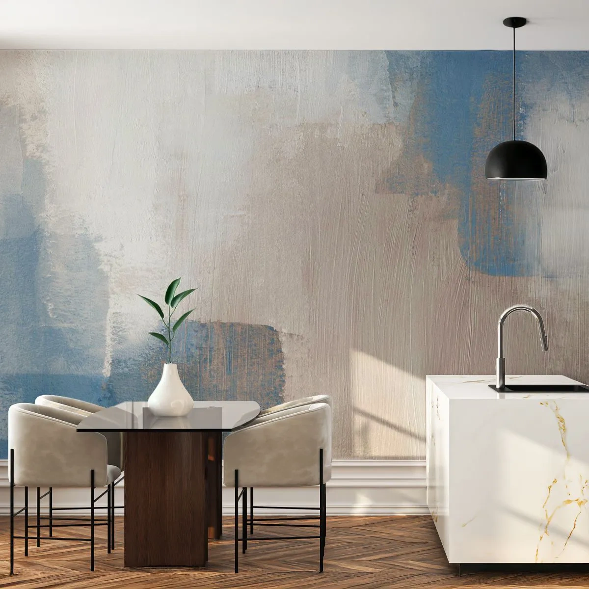 Papel de Parede Premium Canvas - Abstração rosa atrás da cortina azul - Pedaço, Contemporâneo, Tintas - 250x175 cm