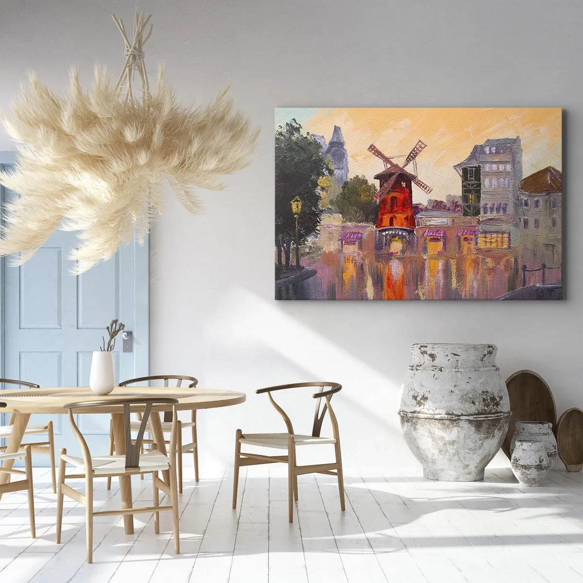 Quadro em tela - O moinho de vento vermelho do Moulin Rouge cercado pela paisagem urbana - 70x50cm - Ícones parisienses – Moulin Rouge - Decoração de parede moderna para a sala de estar e quarto ARTTOR