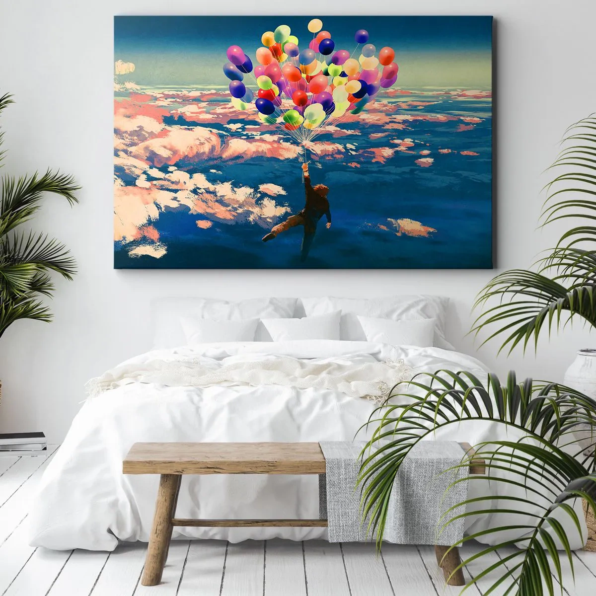 Quadro em tela - Uma figura flutuando acima das nuvens com balões coloridos - 70x50cm - Um sonho de infância tornado realidade - Decoração de parede moderna para a sala de estar e quarto ARTTOR