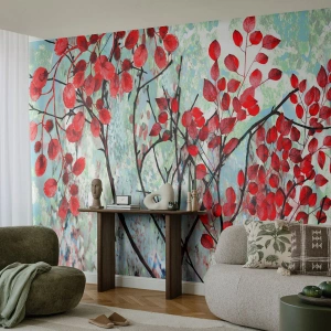 Papel de Parede Premium Sand - Árvore em escarlate - Abstração, Folhas vermelhas, Filial - 300x210 cm