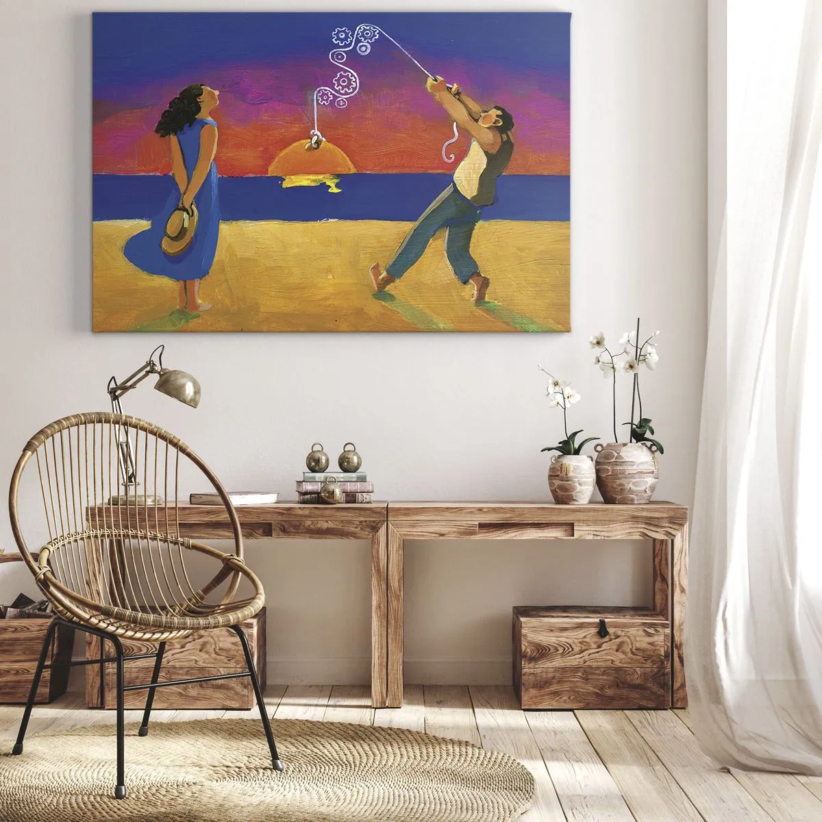 Quadro em tela - Figuras à beira-mar ao pôr do sol - 70x50cm - Mais do que uma estrela do céu - Decoração de parede moderna para a sala de estar e quarto ARTTOR
