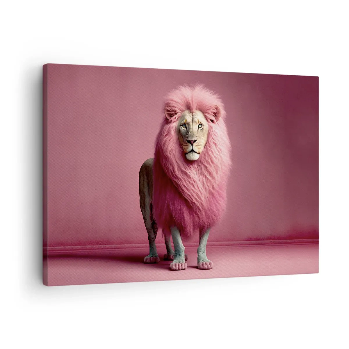 Quadro em tela - Um leão artisticamente representado com uma juba rosa em um fundo rosa - 70x50cm - Não tens mais medo - Decoração de parede moderna para a sala de estar e quarto ARTTOR