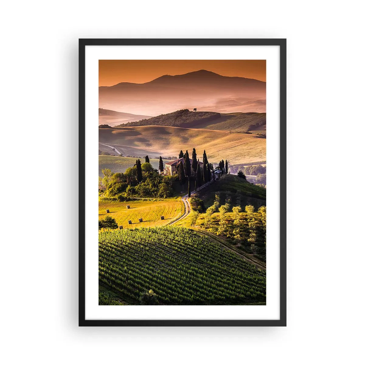 Pôster com moldura preta - Paisagem toscana com vinhedos ao pôr do sol - 50x70cm - Arcádia - Paisagem toscana - Decoração de parede moderna para a sala de estar e quarto ARTTOR