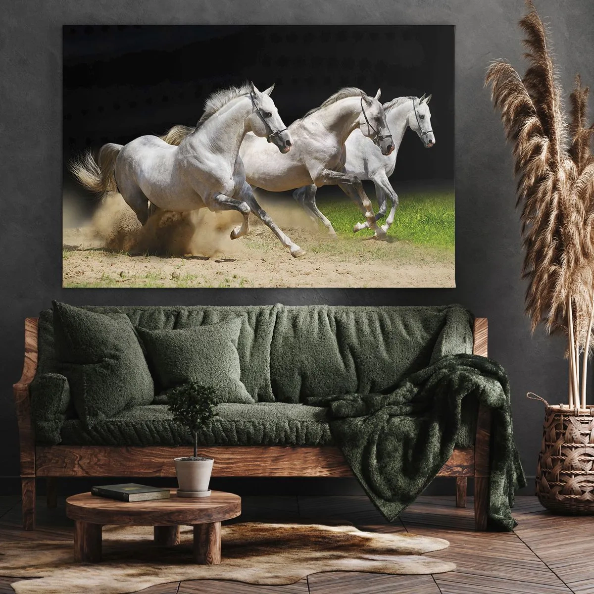 Quadro em tela - Três cavalos brancos galopando pela areia e grama - 70x50cm - Três Graças - Decoração de parede moderna para a sala de estar e quarto ARTTOR