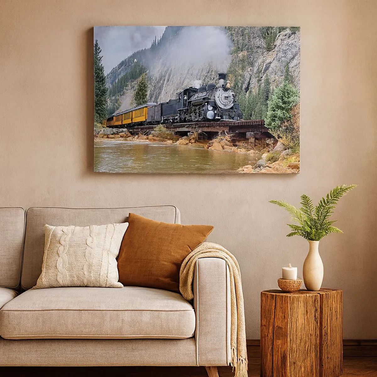 Quadro em tela - Uma locomotiva a vapor em uma ponte em uma paisagem montanhosa pitoresca - 70x50cm - Para onde? Onde? - Decoração de parede moderna para a sala de estar e quarto ARTTOR