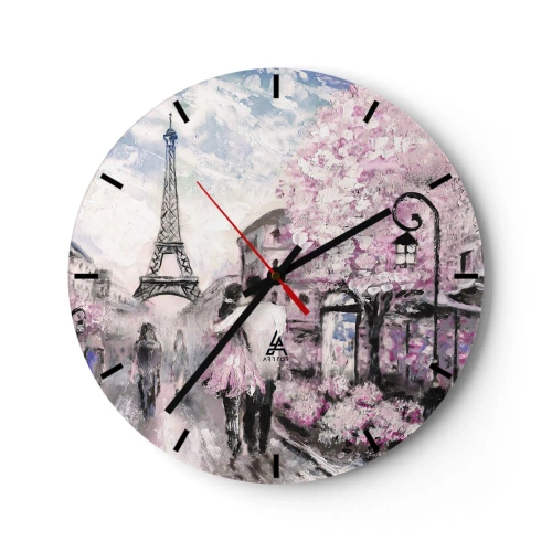 Relógio de parede - Relógio em vidro - Vista romântica de Paris com a Torre Eiffel e árvores floridas - 30x30cm - Como for se apaixonar, somente em... - Decoração de parede moderna para a sala de estar, cozinha e quarto ARTTOR