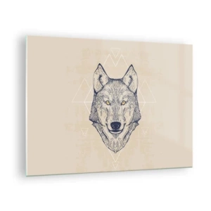 Quadro em vidro - Cabeça de lobo contra um fundo de padrões geométricos - 70x50cm - Alfa com um olhar penetrante - Decoração de parede moderna para a sala de estar e quarto ARTTOR