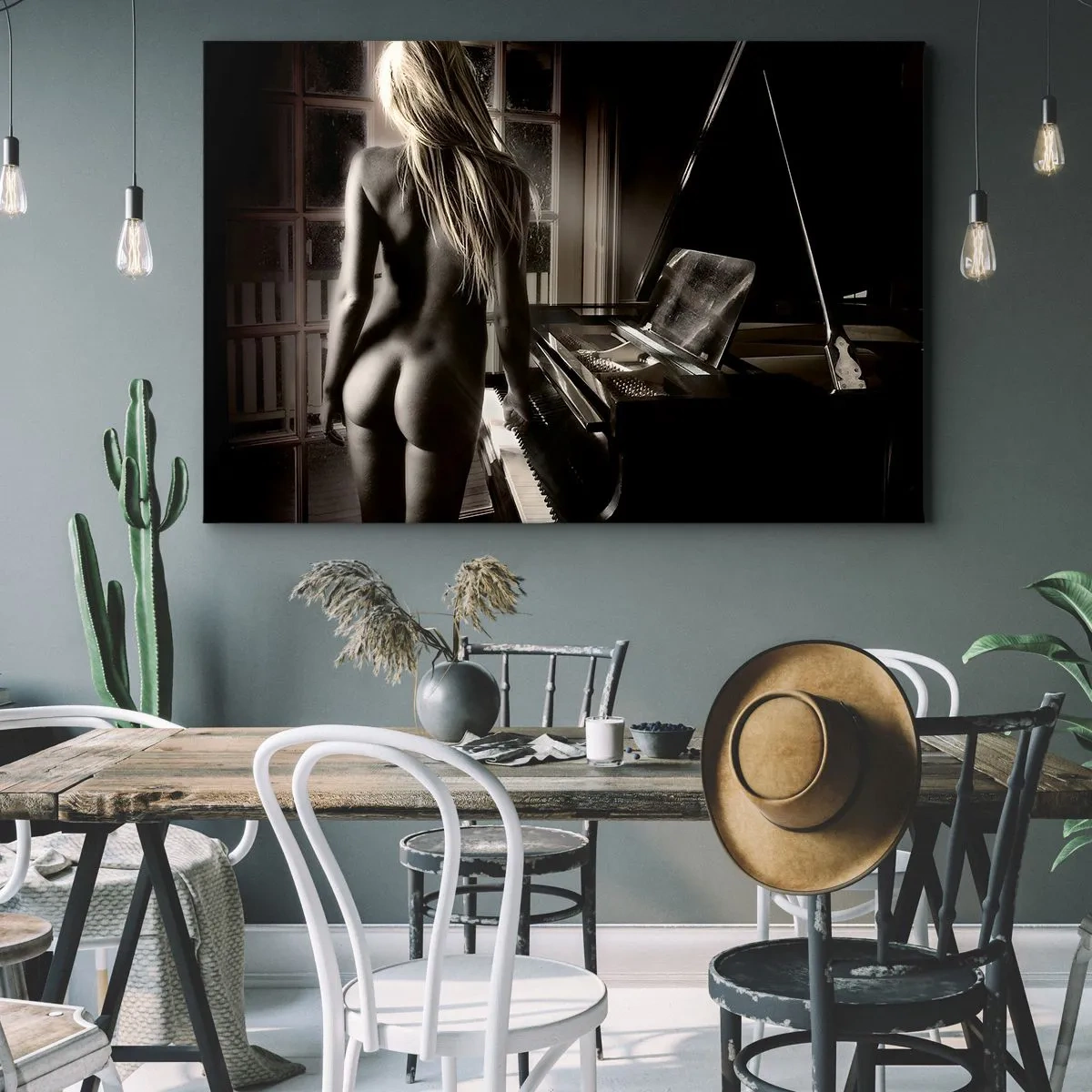 Quadro em tela - Nudez feminina ao piano em estilo preto e branco - 70x50cm - Harmonia perfeita da noite - Decoração de parede moderna para a sala de estar e quarto ARTTOR