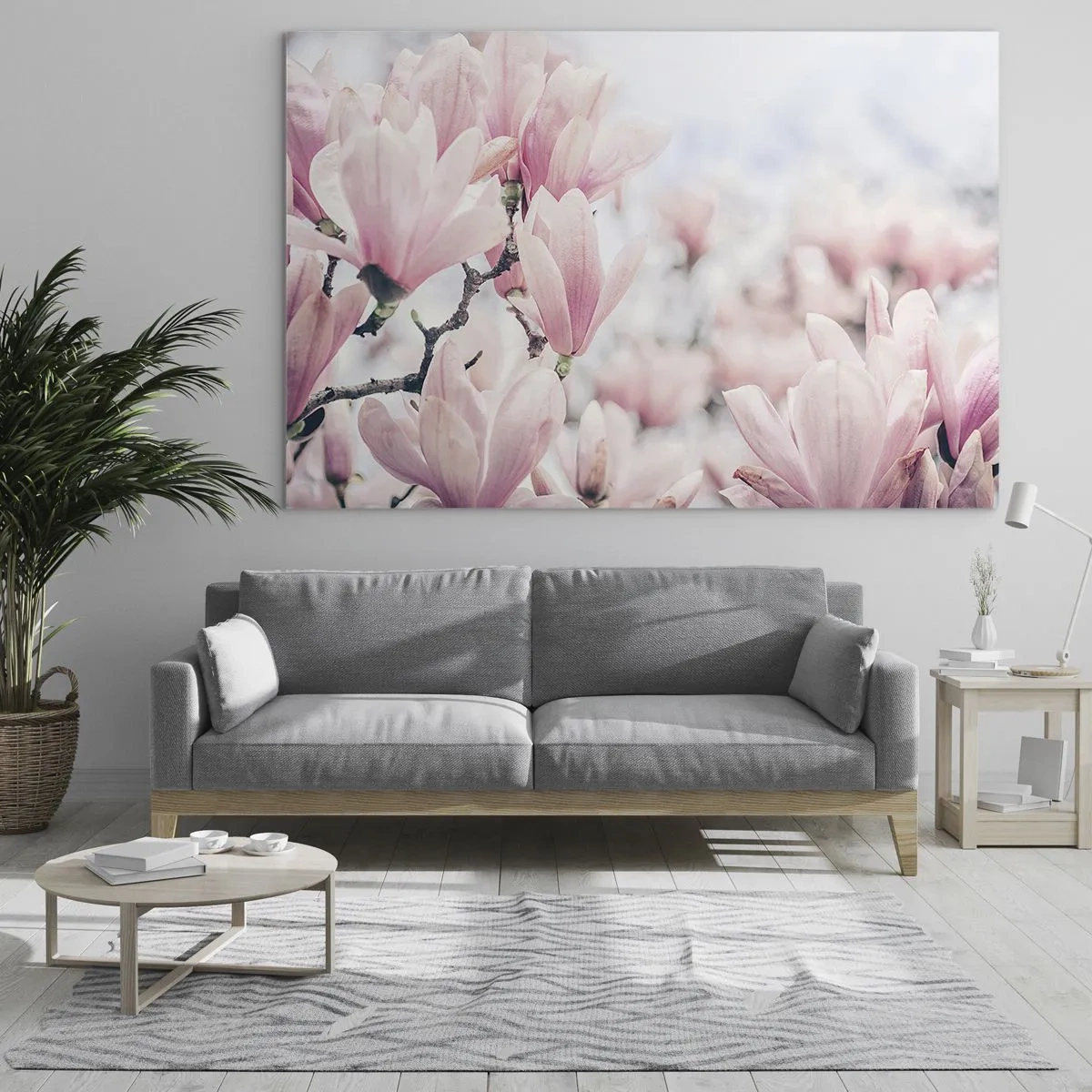 Quadro em vidro - Magnólias rosa delicadas sobre fundo claro - 70x50cm - O ideal da subtileza - Decoração de parede moderna para a sala de estar e quarto ARTTOR