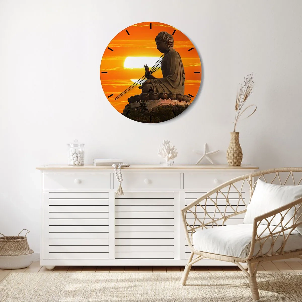 Relógio de parede - Relógio em vidro - Uma estátua de Buda tendo como pano de fundo um intenso pôr do sol em cores quentes. - 30x30cm - Sem medo do mundo - Decoração de parede moderna para a sala de estar, cozinha e quarto ARTTOR
