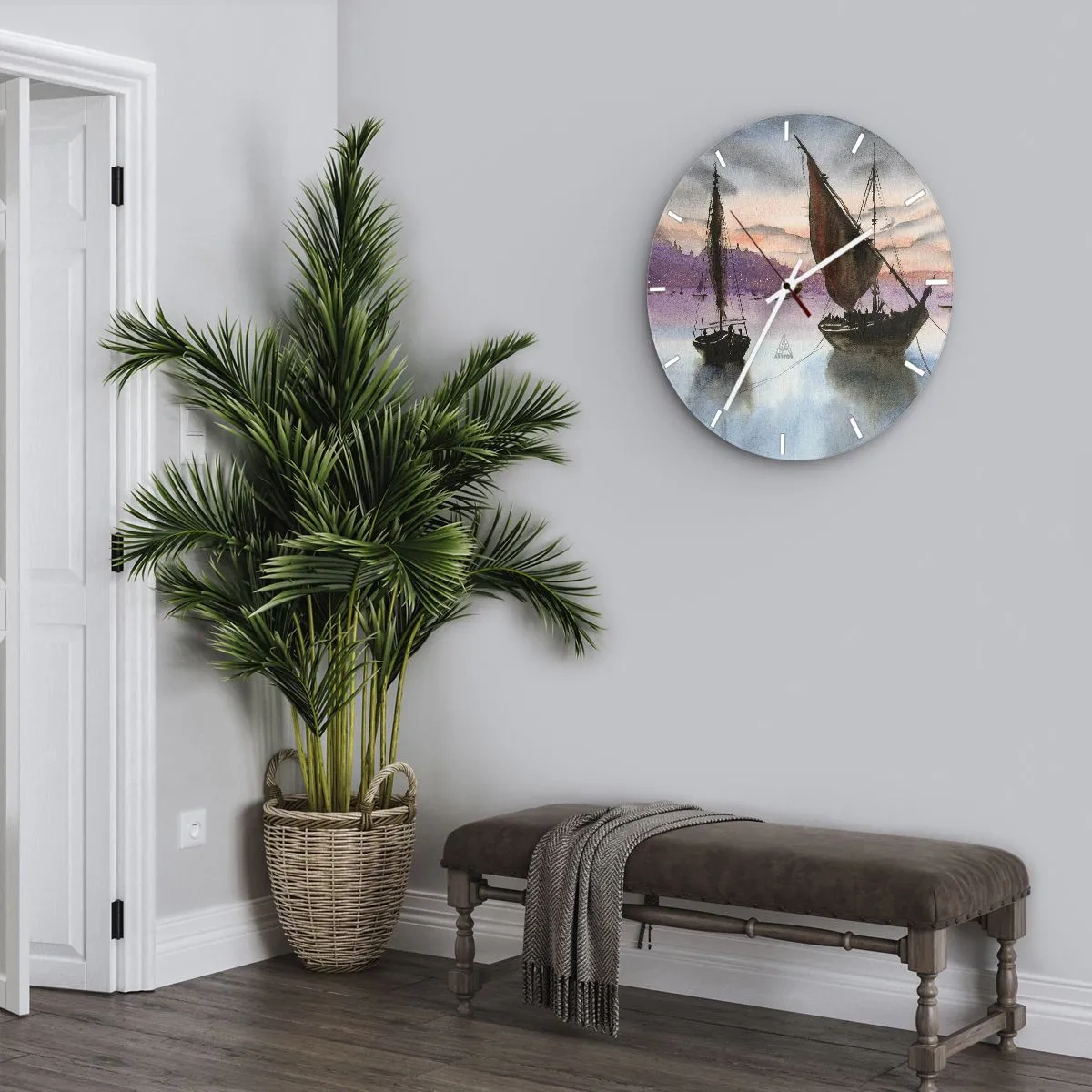 Relógio de parede - Relógio em vidro - Veleiros na água ao pôr do sol - 30x30cm - Noite no porto - Decoração de parede moderna para a sala de estar, cozinha e quarto ARTTOR