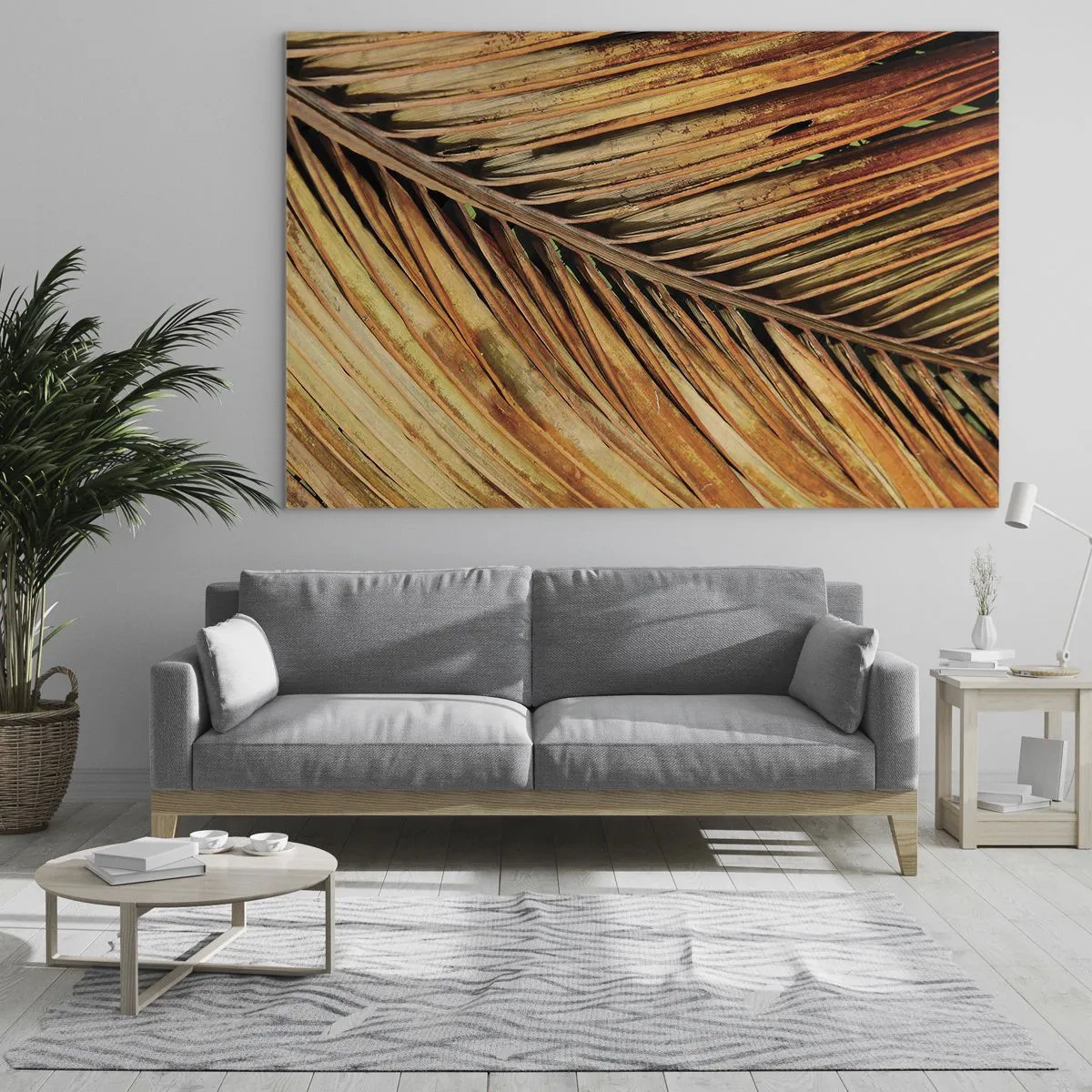 Quadro em vidro - Close-up de folhas de palmeira secas e douradas - 70x50cm - Ouro de coco - Decoração de parede moderna para a sala de estar e quarto ARTTOR