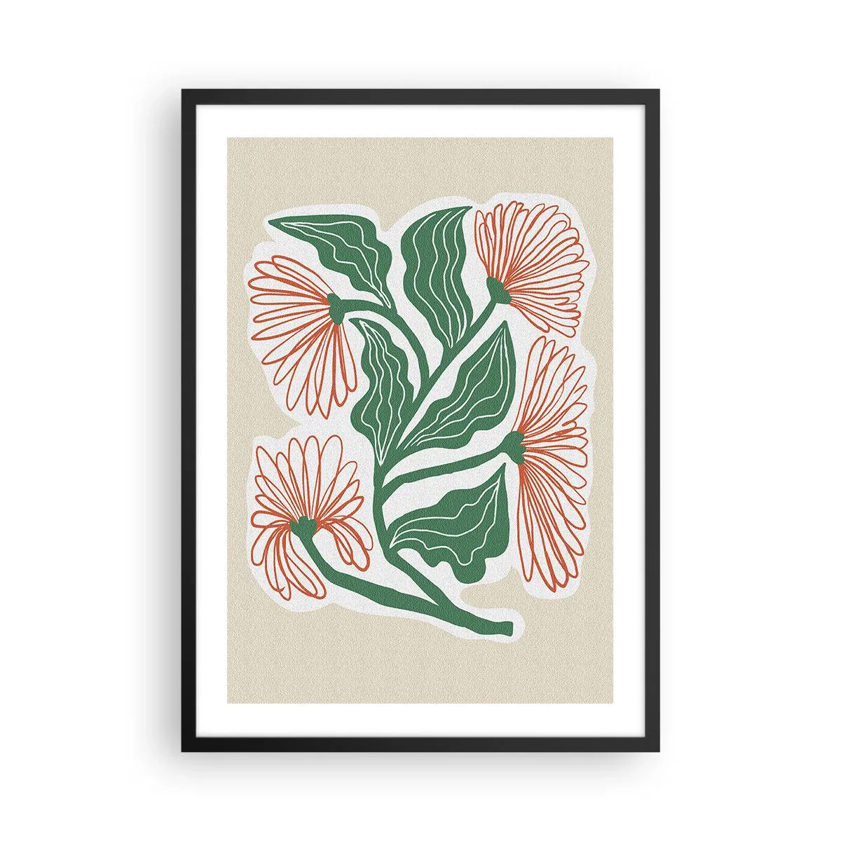 Pôster com moldura preta - Motivo abstrato de flores e folhas em fundo bege - 50x70cm - Folclórico e moderno - Decoração de parede moderna para a sala de estar e quarto ARTTOR
