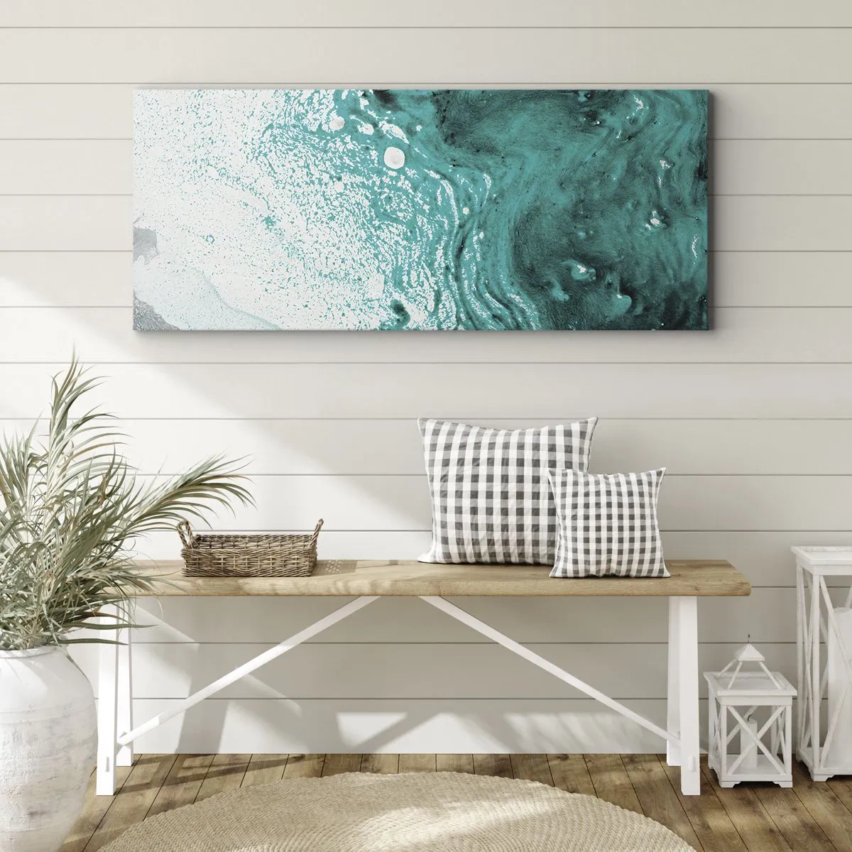 Quadro em tela - Derreter a branco e turquesa - 100x40 cm