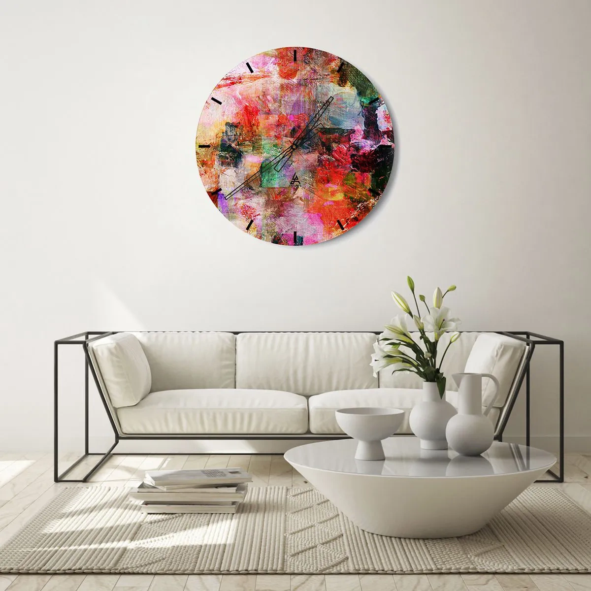 Relógio de parede - Relógio em vidro - Uma composição abstrata em cores vibrantes de rosa e vermelho. - 30x30cm - Viagem rosa - Decoração de parede moderna para a sala de estar, cozinha e quarto ARTTOR