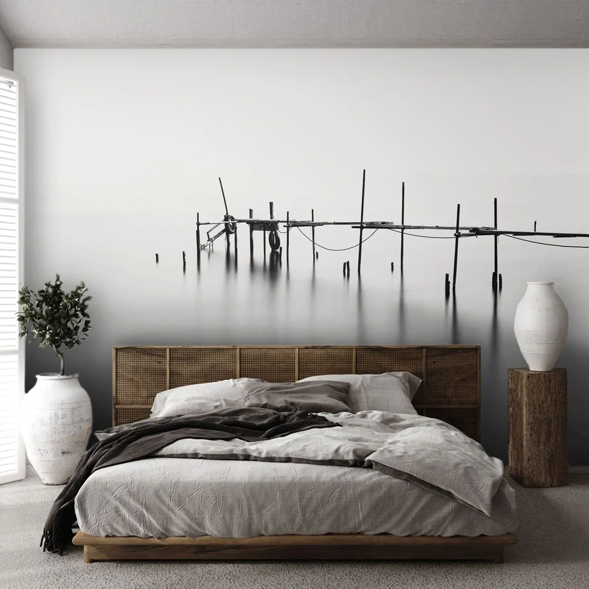 Papel de Parede Premium Sand - E se o mundo não existe? - Paisagem, Ponte de madeira, Preto e branco - 100x70 cm