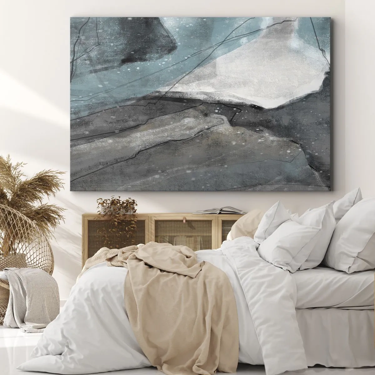 Quadro em tela - Composição abstrata em tons de cinza e azul - 70x50cm - Resumo: rochas e gelo - Decoração de parede moderna para a sala de estar e quarto ARTTOR