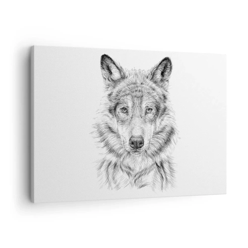 Quadro em tela - Esboço de uma cabeça de lobo em estilo monocromático sobre fundo branco - 70x50cm - Um líder nato - Decoração de parede moderna para a sala de estar e quarto ARTTOR