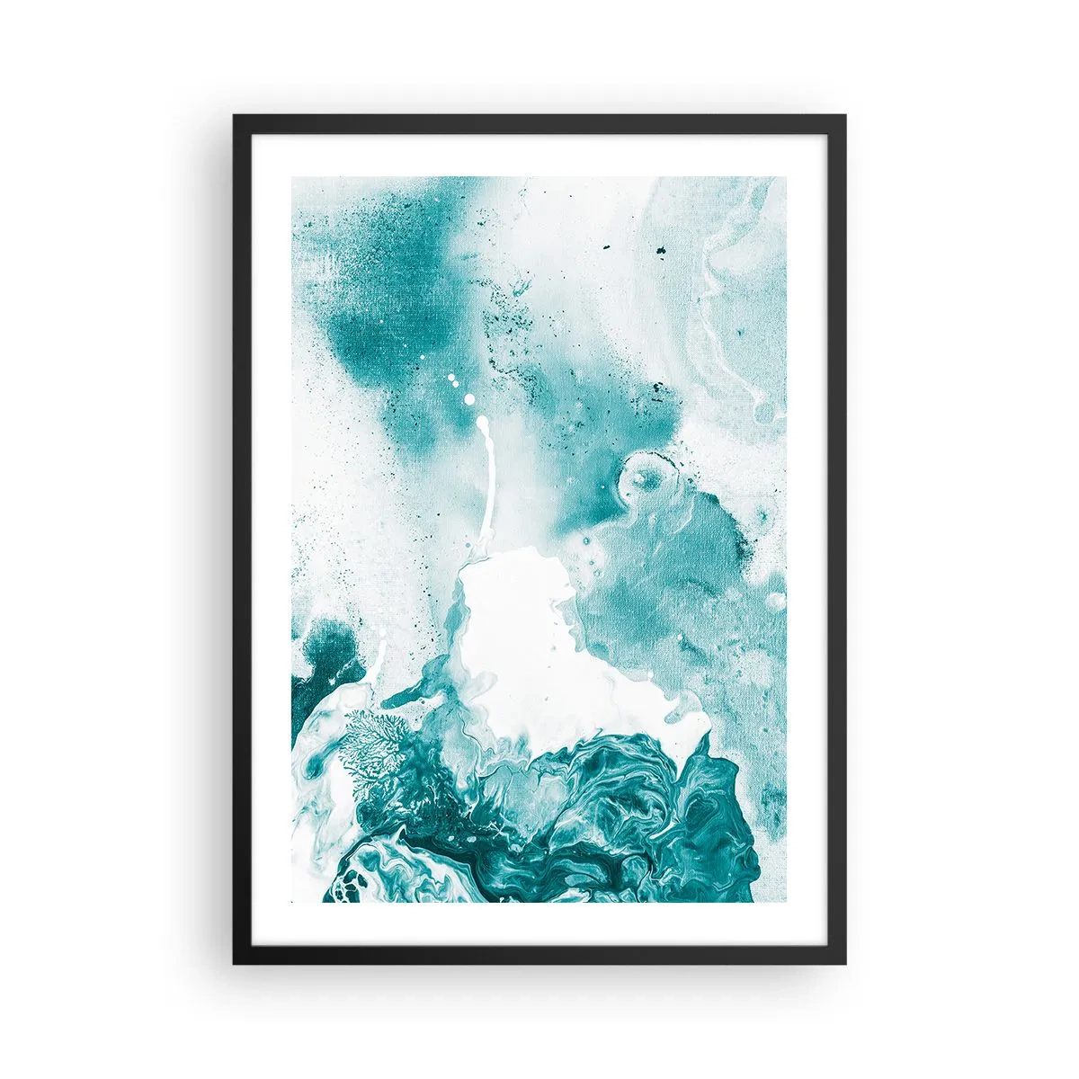 Pôster com moldura preta - Abstração turquesa com detalhes dinâmicos - 50x70cm - Inundado em azul - Decoração de parede moderna para a sala de estar e quarto ARTTOR