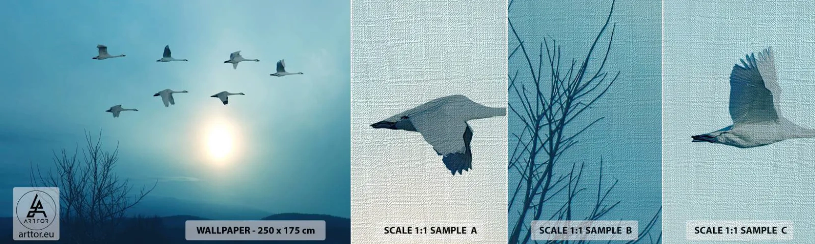 Amostra de papel de parede Premium Canvas - Adeus verão, até o ano que vem - Paisagem, Cegonha, Pássaros - 100x30 cm