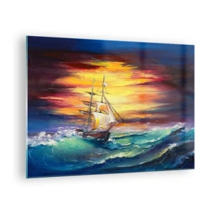 Quadro em vidro - Um navio em um mar tempestuoso ao pôr do sol - 70x50cm - Corajosamente contra as ondas - Decoração de parede moderna para a sala de estar e quarto ARTTOR