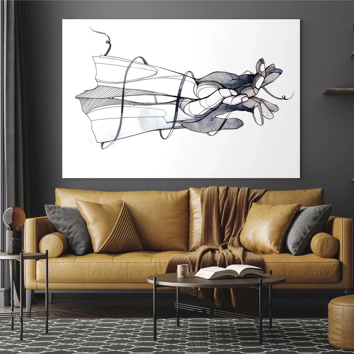Quadro em vidro - Ilustração artística de uma mão segurando uma flor - 70x50cm - Estudo do toque - Decoração de parede moderna para a sala de estar e quarto ARTTOR