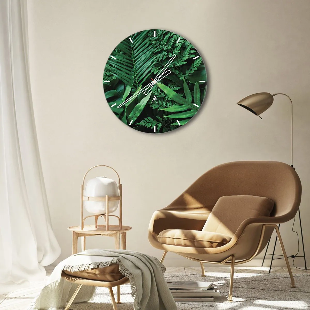 Relógio de parede - Relógio em vidro - Folhas verdes tropicais criam uma composição densa e natural - 30x30cm - Envolto em verde - Decoração de parede moderna para a sala de estar, cozinha e quarto ARTTOR