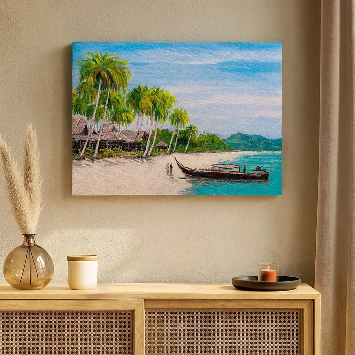 Quadro em tela - Uma praia exótica com palmeiras e um barco na costa - 70x50cm - Um sonho exótico - Decoração de parede moderna para a sala de estar e quarto ARTTOR