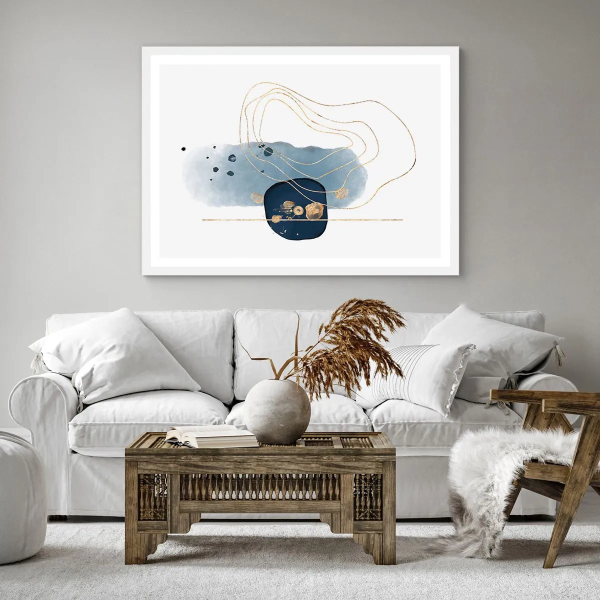 Pôster em moldura branca - Fantasia azul e dourada - 60x60 cm