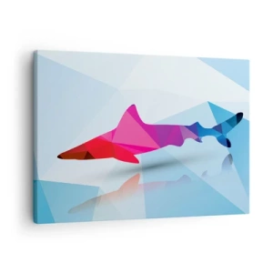 Quadro em tela - Silhueta geométrica de tubarão em tons de rosa e azul - 70x50cm - Tubarão no espaço de cristal - Decoração de parede moderna para a sala de estar e quarto ARTTOR