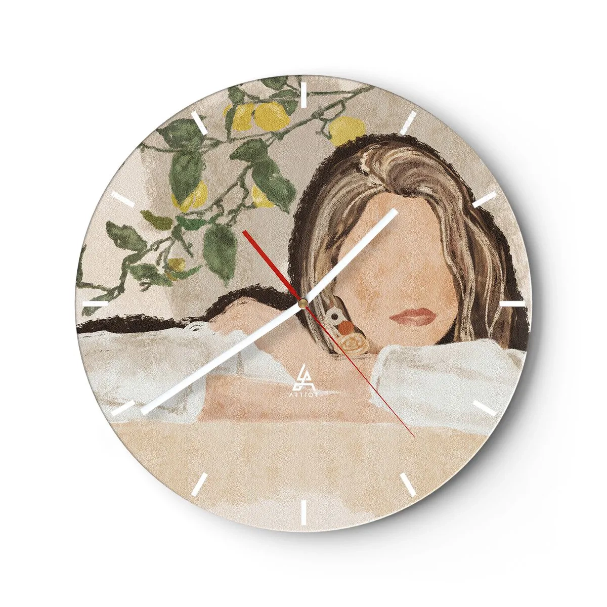 Relógio de parede - Relógio em vidro - Uma mulher de cabelos longos em frente a um limoeiro - 30x30cm - Beleza do sul - Decoração de parede moderna para a sala de estar, cozinha e quarto ARTTOR