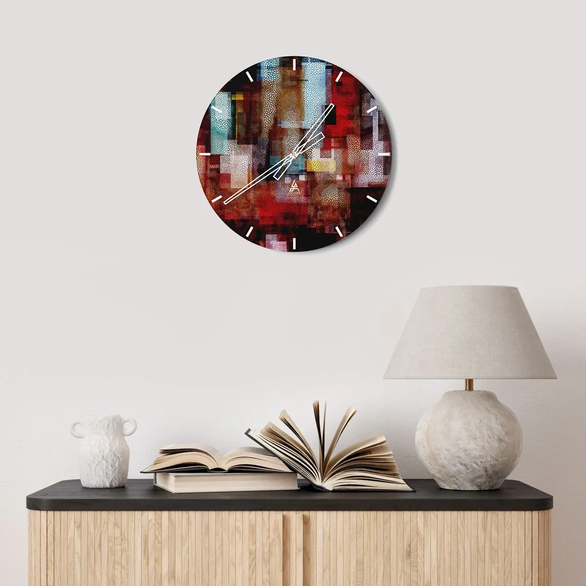 Relógio de parede - Relógio em vidro - Composições abstratas em tons de vermelho e dourado com padrão geométrico - 30x30cm - Uma grande confusão - Decoração de parede moderna para a sala de estar, cozinha e quarto ARTTOR