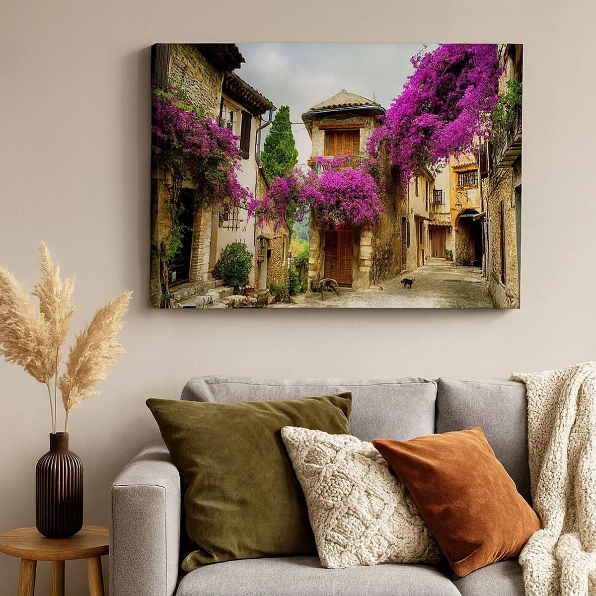 Quadro em tela - Uma rua de pedra com flores e casas cor-de-rosa - 70x50cm - Sob um dossel de flores - Decoração de parede moderna para a sala de estar e quarto ARTTOR