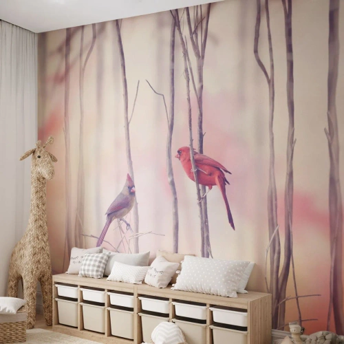 Papel de Parede Premium Canvas - O Conto da floresta rosa - Pássaro, Natureza, Floresta - 300x210 cm