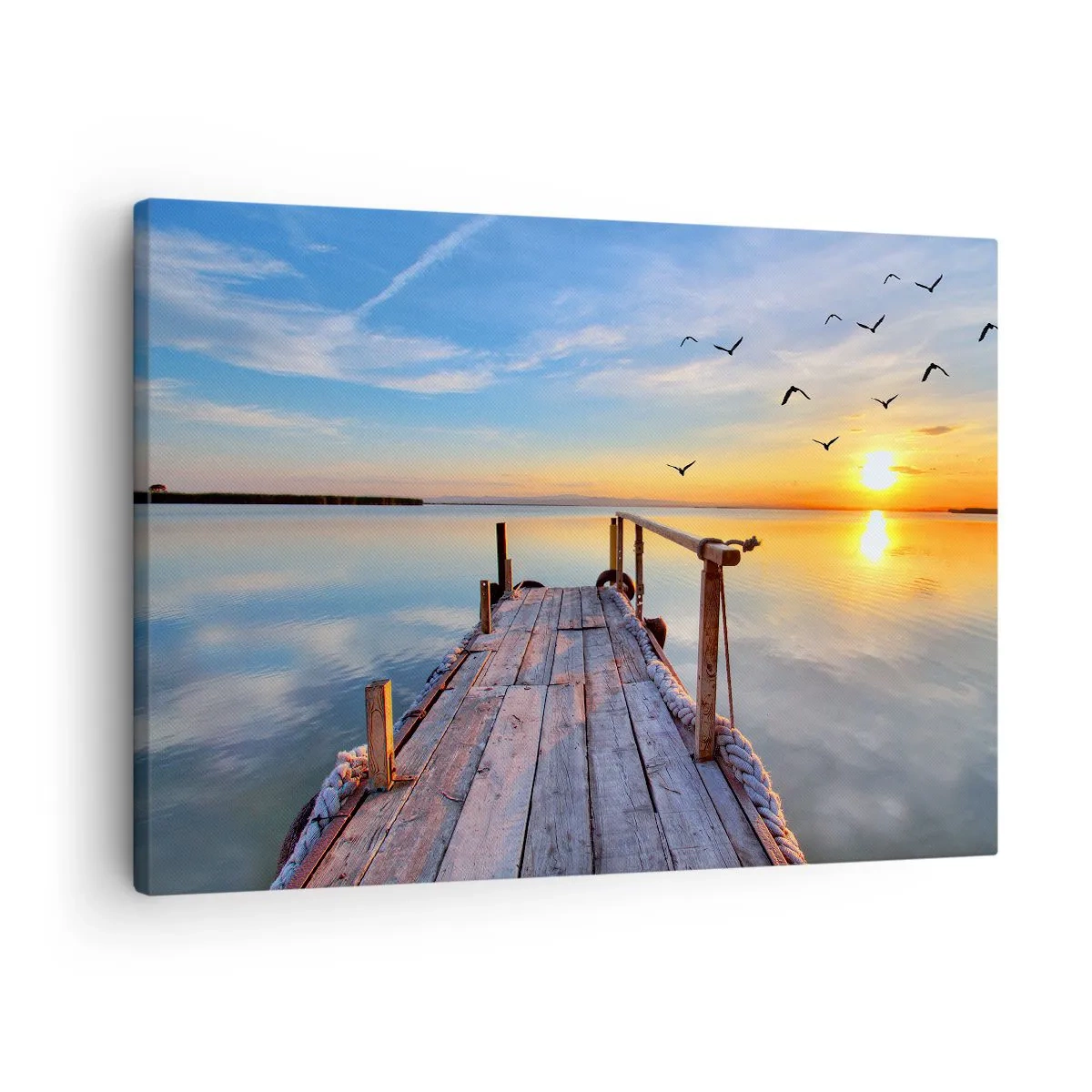 Quadro em tela - Píer de madeira ao pôr do sol em um lago calmo - 70x50cm - Caminhando em direção ao sol - Decoração de parede moderna para a sala de estar e quarto ARTTOR