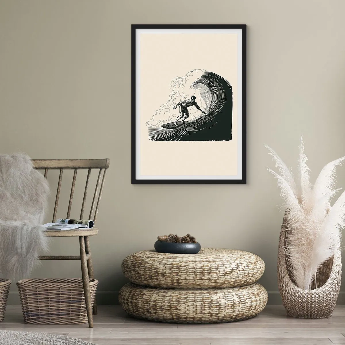 Pôster com moldura preta - Surfista retrô em composição gráfica de onda, preto e creme - 50x70cm - Rei da onda - Decoração de parede moderna para a sala de estar e quarto ARTTOR