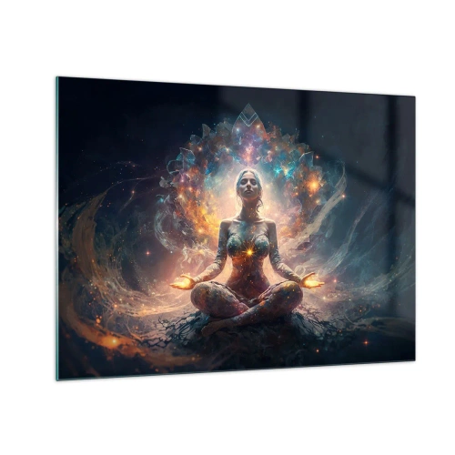 Quadro em vidro - Uma mulher meditando em uma aura luminosa de energia e cor - 70x50cm - Fluxo de boa energia - Decoração de parede moderna para a sala de estar e quarto ARTTOR