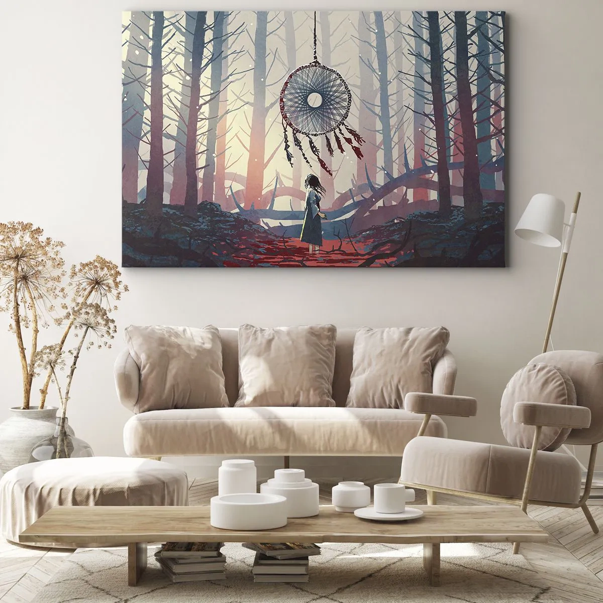 Quadro em tela - Cena de floresta com um apanhador de sonhos gigante - 70x50cm - O ritual secreto da felicidade - Decoração de parede moderna para a sala de estar e quarto ARTTOR