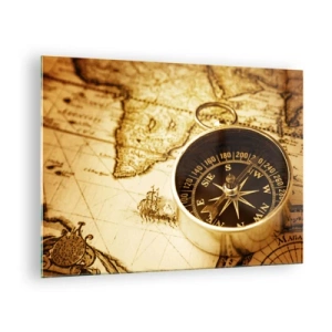 Quadro em vidro - Uma bússola dourada em um fundo de mapa antigo - 70x50cm - Oriente ou Ocidente? - Decoração de parede moderna para a sala de estar e quarto ARTTOR