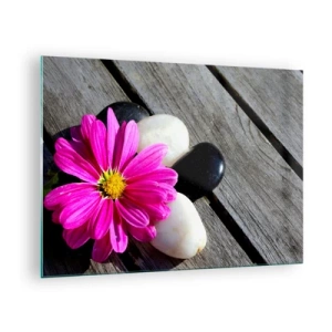 Quadro em vidro - Flor rosa com pedras em um fundo de madeira - 70x50cm - Descanso no cais - Decoração de parede moderna para a sala de estar e quarto ARTTOR