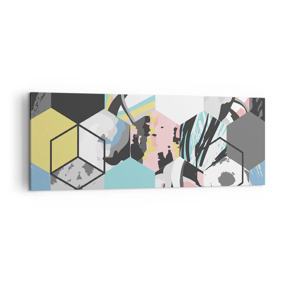 Quadro em tela - Hexágonos e cubos em seis cores - 140x50 cm
