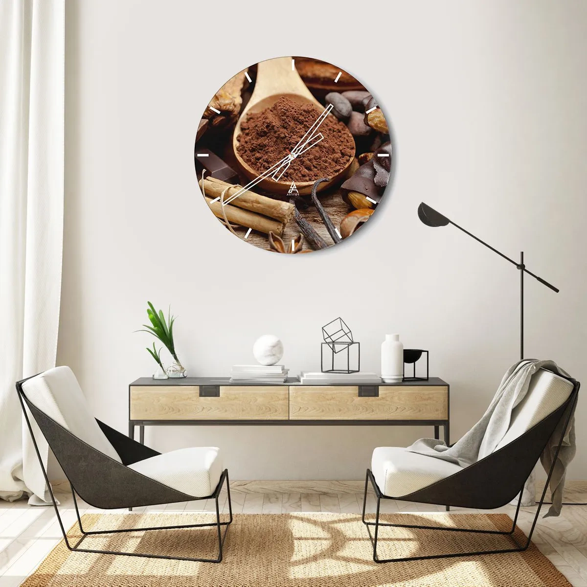 Relógio de parede - Relógio em vidro - Uma colher de cacau cercada por especiarias e pedaços de chocolate - 30x30cm - O melhor para as tristezas - Decoração de parede moderna para a sala de estar, cozinha e quarto ARTTOR
