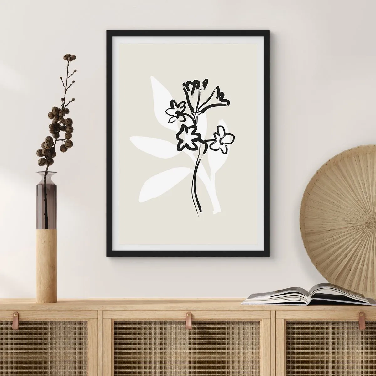 Pôster com moldura preta - Desenho minimalista de flores - 50x70cm - Esboço para o herbário - Decoração de parede moderna para a sala de estar e quarto ARTTOR