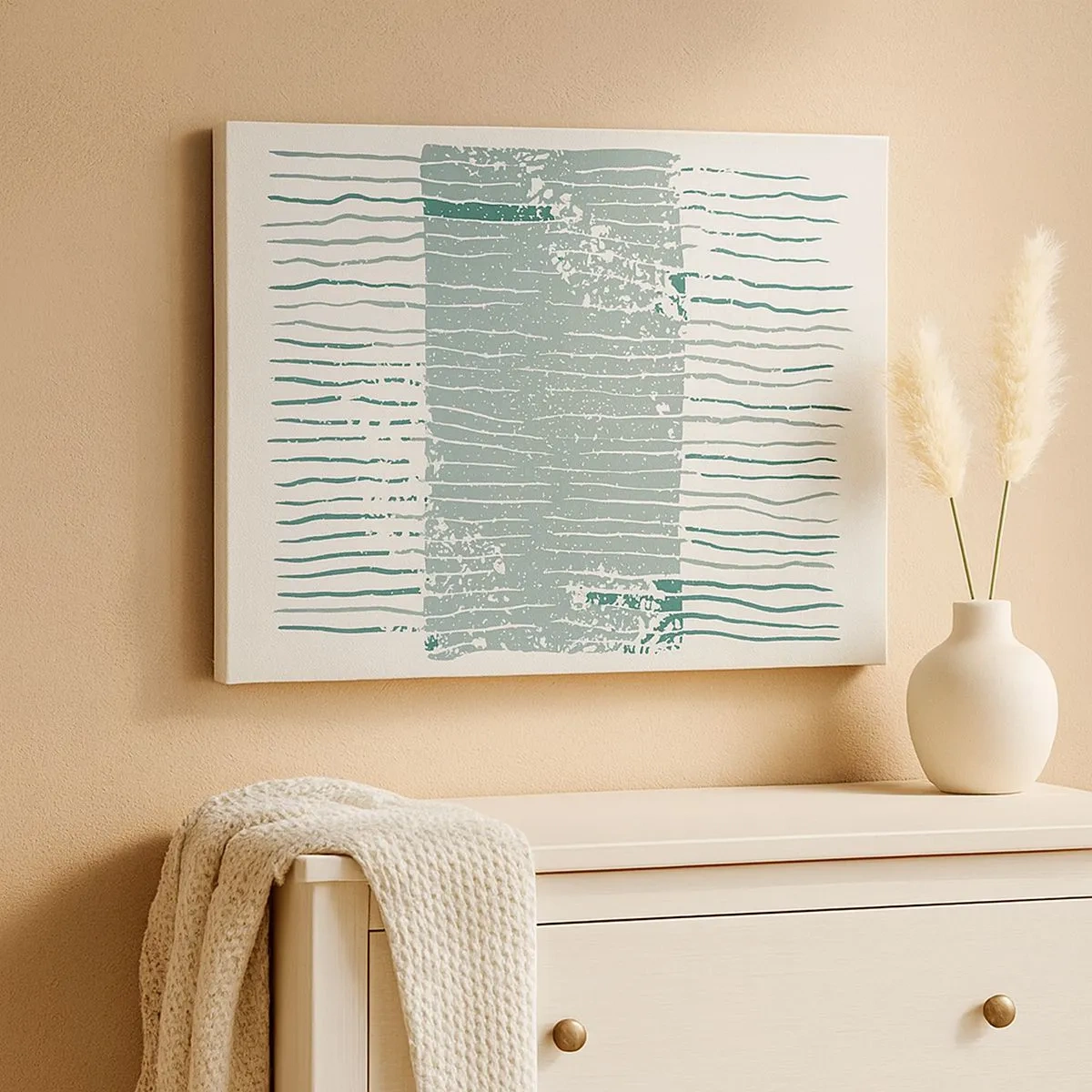 Quadro em tela - Padrão geométrico em tons de verde-mar e branco - 70x50cm - Abstração marinha - Decoração de parede moderna para a sala de estar e quarto ARTTOR